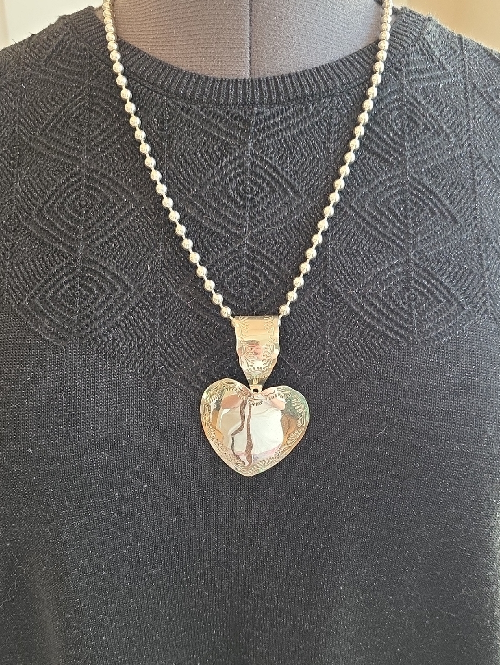 Sterling Silver Heart Pendant And SS Beaded Necklace 1.8 Oz In Weight